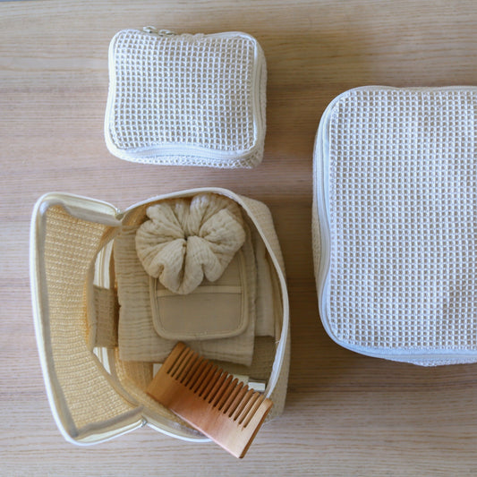 Medium Oat Waffle Box Pouch – Structured Zip Storage Pouch