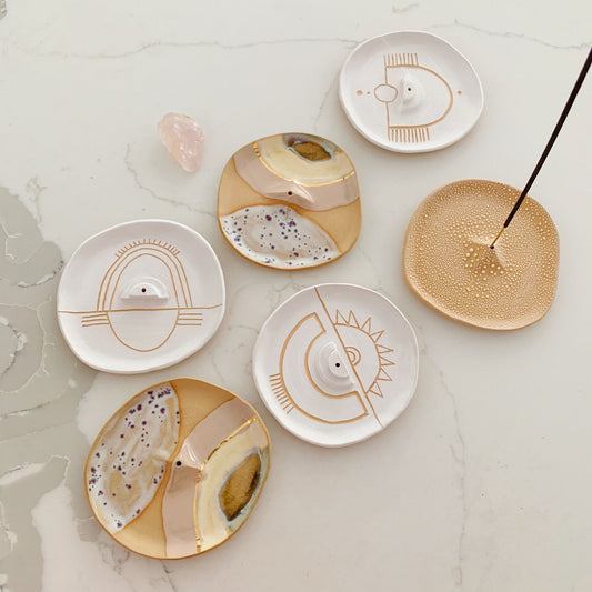 Blush Arch Ceramic Incense Dish with Gold Luster Finish